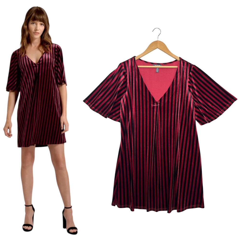 ModCloth Dress Womens Medium Red Black Striped V Neck Flutter Sleeve Velvet